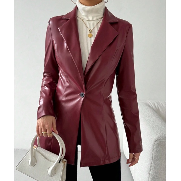 Jackets & Blazers - Luxe Burgundy  Vegan Leather Button Blazer Jacket Coat